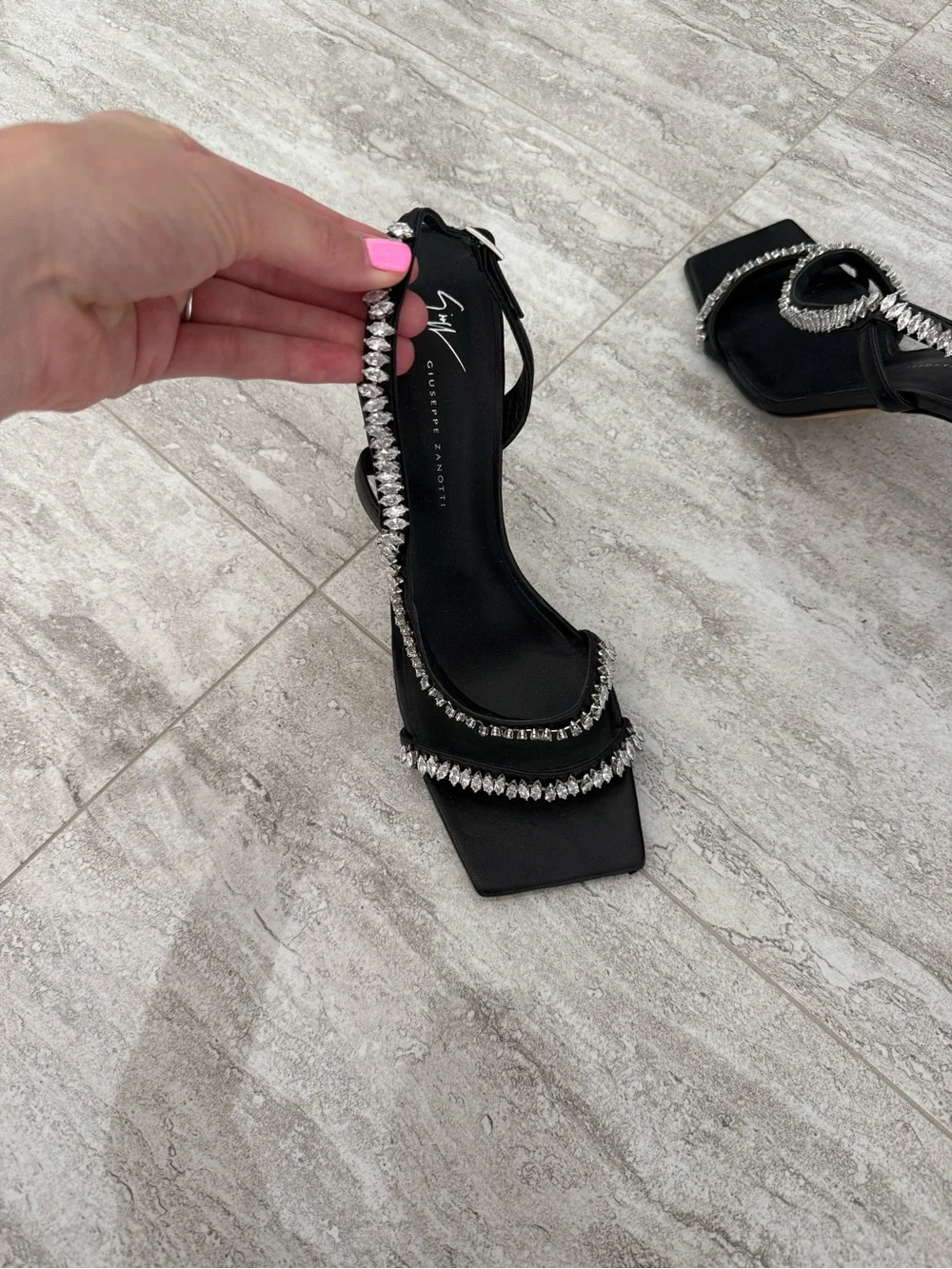 Giuseppe Zanotti Black Crystal-Trim Square Toe Slingback Heels
